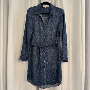 Cloth & Stone Chambray Shirt Dress Blue Printed Belted Button Front Small